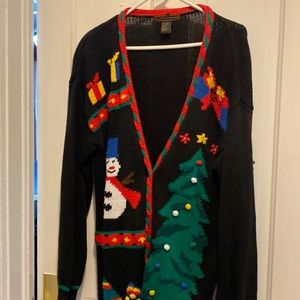 Christmas sweater -snowman and tree. Black with Christmas colors